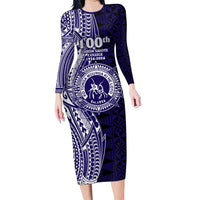 Tonga Queen Salote College 100th Years Family Matching Long Sleeve Bodycon Dress and Hawaiian Shirt Blue Tonga Kupesi Uniquely Pacific Art LT9 Mom's Dress Blue - Polynesian Pride