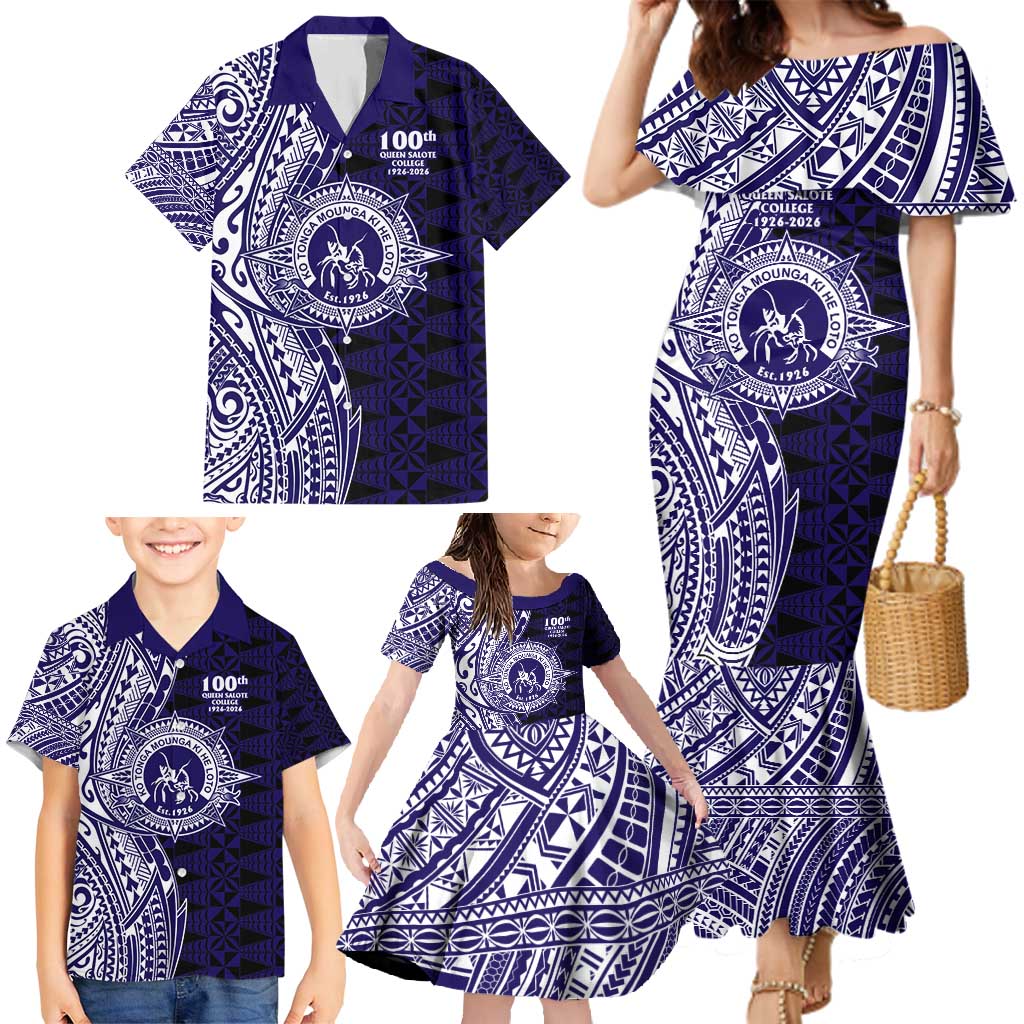 Tonga Queen Salote College 100th Years Family Matching Mermaid Dress and Hawaiian Shirt Blue Tonga Kupesi Uniquely Pacific Art LT9 - Polynesian Pride