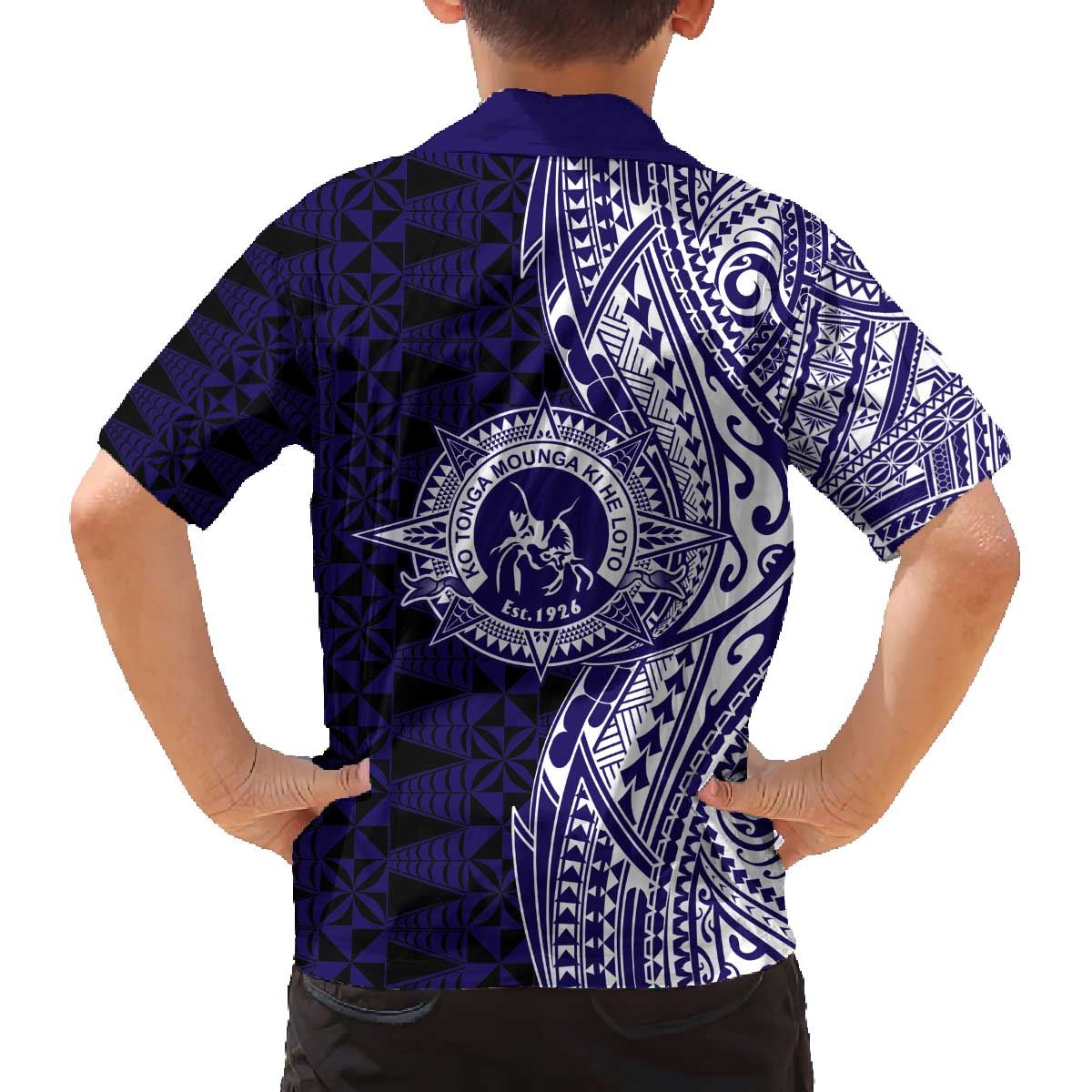 Tonga Queen Salote College 100th Years Family Matching Off The Shoulder Long Sleeve Dress and Hawaiian Shirt Blue Tonga Kupesi Uniquely Pacific Art LT9 - Polynesian Pride