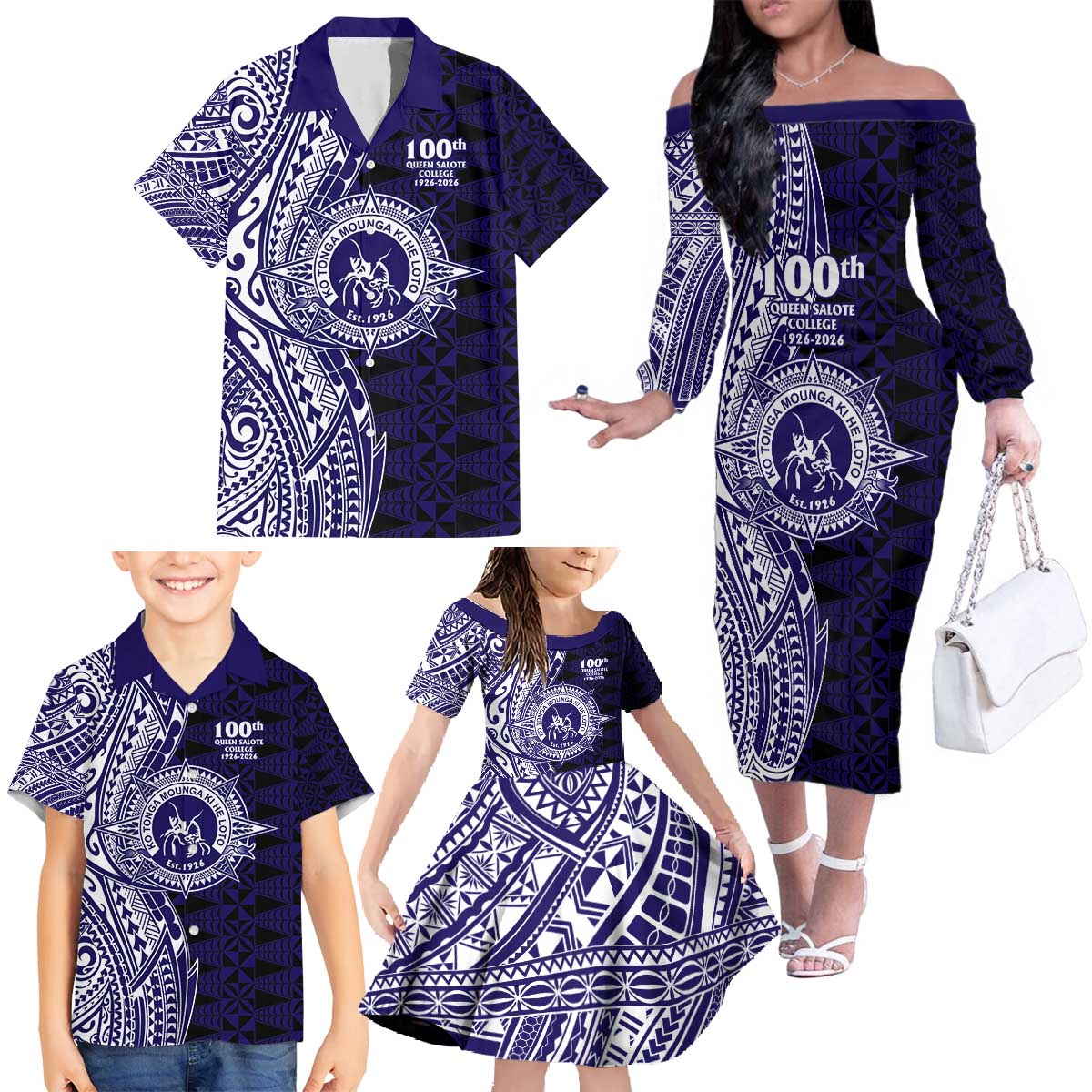 Tonga Queen Salote College 100th Years Family Matching Off The Shoulder Long Sleeve Dress and Hawaiian Shirt Blue Tonga Kupesi Uniquely Pacific Art LT9 - Polynesian Pride
