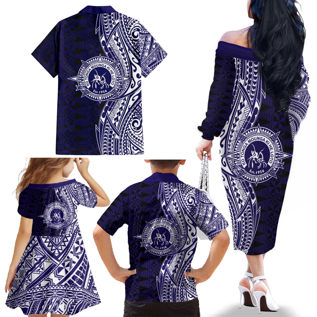Tonga Queen Salote College 100th Years Family Matching Off The Shoulder Long Sleeve Dress and Hawaiian Shirt Blue Tonga Kupesi Uniquely Pacific Art LT9 - Polynesian Pride