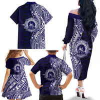 Tonga Queen Salote College 100th Years Family Matching Off The Shoulder Long Sleeve Dress and Hawaiian Shirt Blue Tonga Kupesi Uniquely Pacific Art LT9 - Polynesian Pride