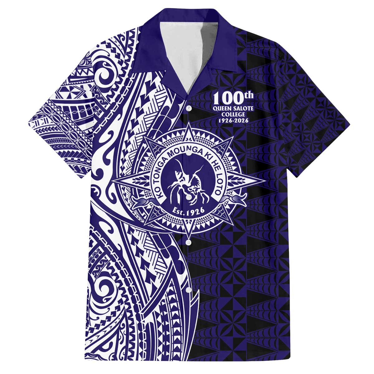Tonga Queen Salote College 100th Years Family Matching Off The Shoulder Long Sleeve Dress and Hawaiian Shirt Blue Tonga Kupesi Uniquely Pacific Art LT9 Dad's Shirt - Short Sleeve Blue - Polynesian Pride