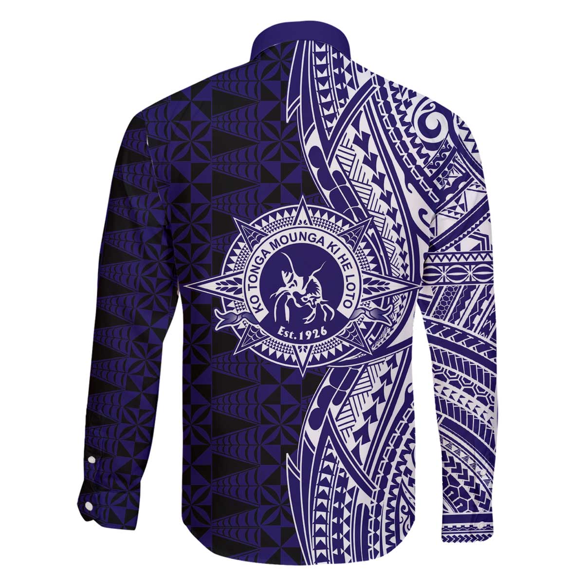 Tonga Queen Salote College 100th Years Family Matching Off The Shoulder Long Sleeve Dress and Hawaiian Shirt Blue Tonga Kupesi Uniquely Pacific Art LT9 - Polynesian Pride