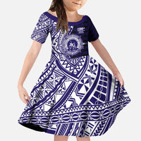 Tonga Queen Salote College 100th Years Family Matching Off Shoulder Maxi Dress and Hawaiian Shirt Blue Tonga Kupesi Uniquely Pacific Art LT9 Daughter's Dress Blue - Polynesian Pride