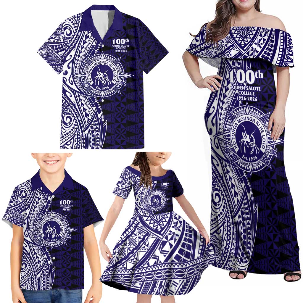 Tonga Queen Salote College 100th Years Family Matching Off Shoulder Maxi Dress and Hawaiian Shirt Blue Tonga Kupesi Uniquely Pacific Art LT9 - Polynesian Pride
