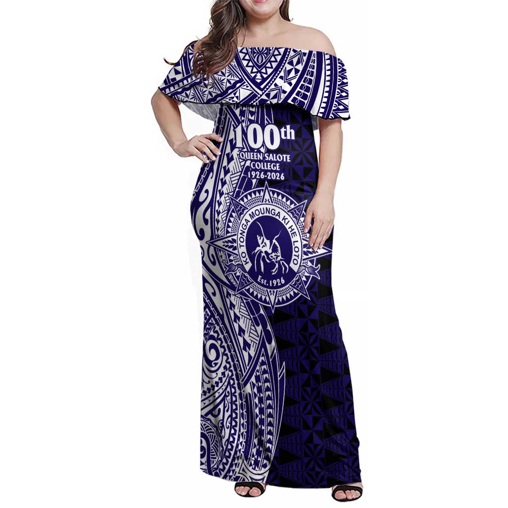 Tonga Queen Salote College 100th Years Family Matching Off Shoulder Maxi Dress and Hawaiian Shirt Blue Tonga Kupesi Uniquely Pacific Art LT9 Mom's Dress Blue - Polynesian Pride