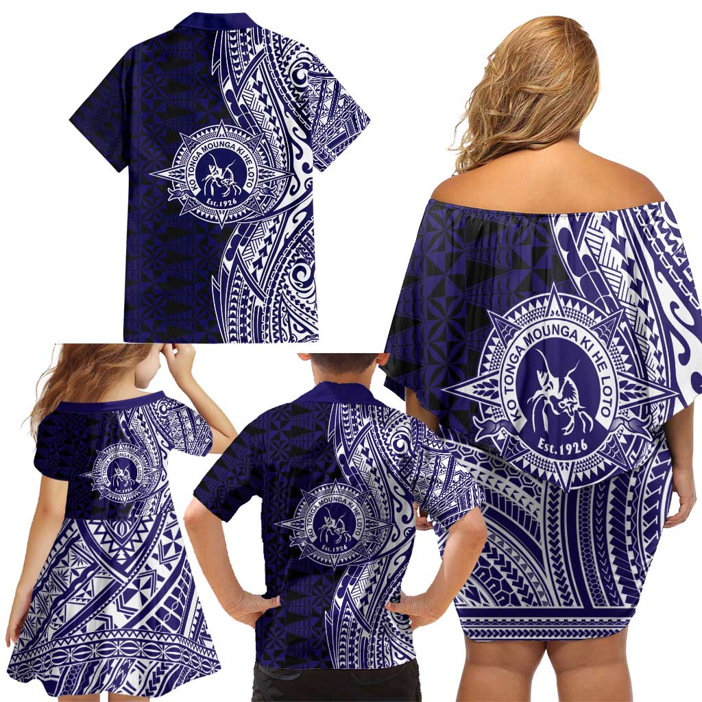 Tonga Queen Salote College 100th Years Family Matching Off Shoulder Short Dress and Hawaiian Shirt Blue Tonga Kupesi Uniquely Pacific Art LT9 - Polynesian Pride