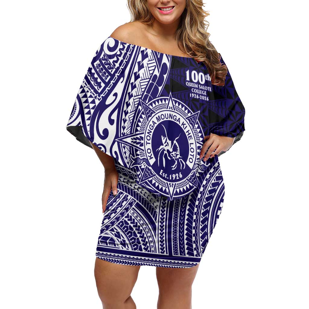 Tonga Queen Salote College 100th Years Family Matching Off Shoulder Short Dress and Hawaiian Shirt Blue Tonga Kupesi Uniquely Pacific Art LT9 Mom's Dress Blue - Polynesian Pride
