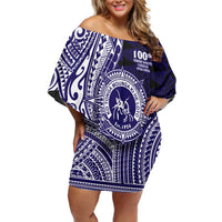 Tonga Queen Salote College 100th Years Family Matching Off Shoulder Short Dress and Hawaiian Shirt Blue Tonga Kupesi Uniquely Pacific Art LT9 Mom's Dress Blue - Polynesian Pride