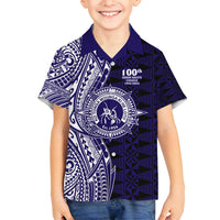 Tonga Queen Salote College 100th Years Family Matching Off Shoulder Short Dress and Hawaiian Shirt Blue Tonga Kupesi Uniquely Pacific Art LT9 Son's Shirt Blue - Polynesian Pride