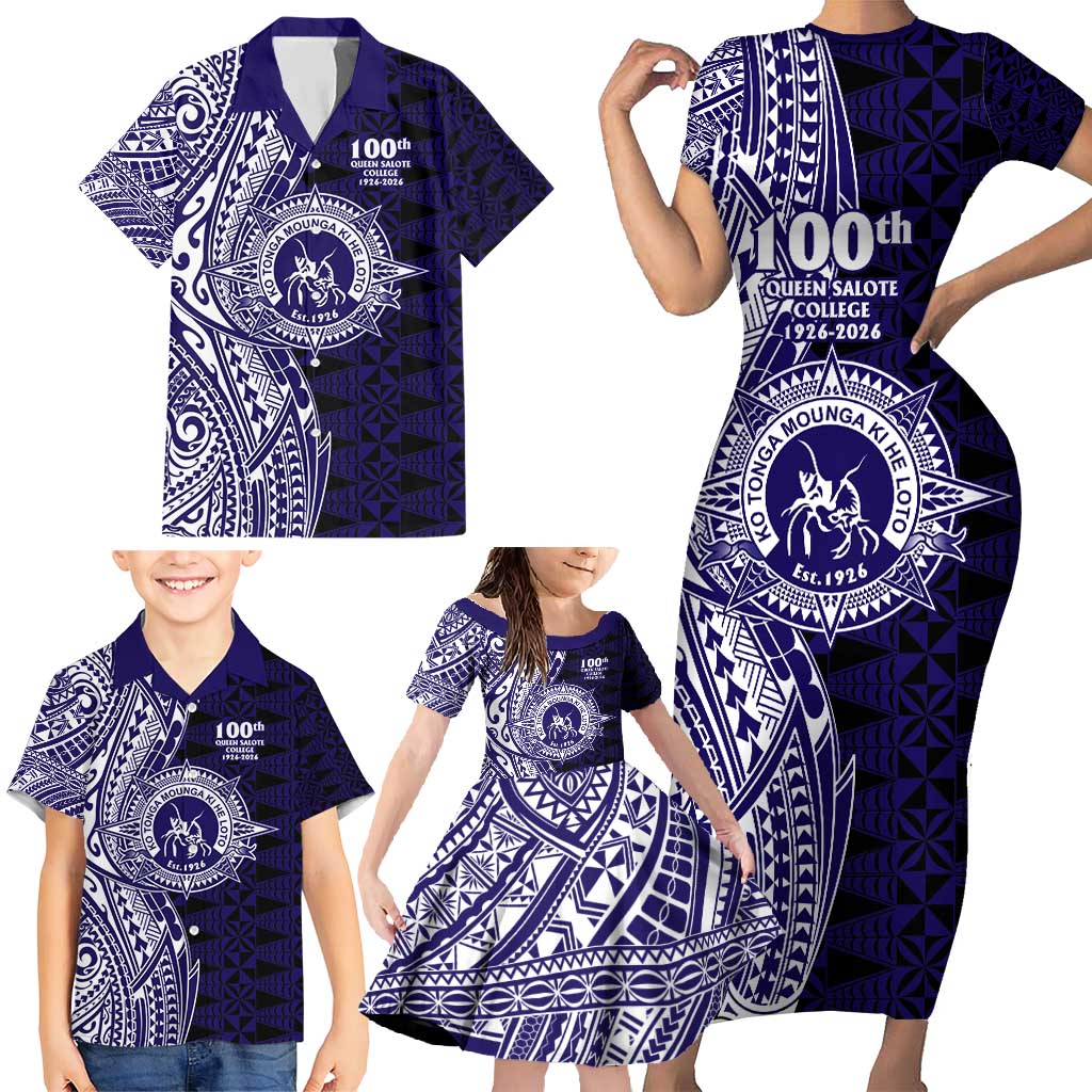 Tonga Queen Salote College 100th Years Family Matching Short Sleeve Bodycon Dress and Hawaiian Shirt Blue Tonga Kupesi Uniquely Pacific Art LT9 - Polynesian Pride
