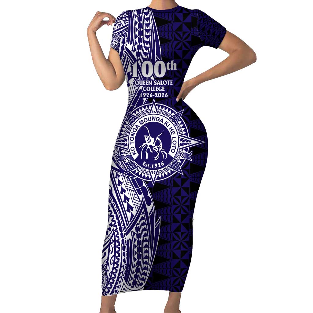 Tonga Queen Salote College 100th Years Family Matching Short Sleeve Bodycon Dress and Hawaiian Shirt Blue Tonga Kupesi Uniquely Pacific Art LT9 Mom's Dress Blue - Polynesian Pride