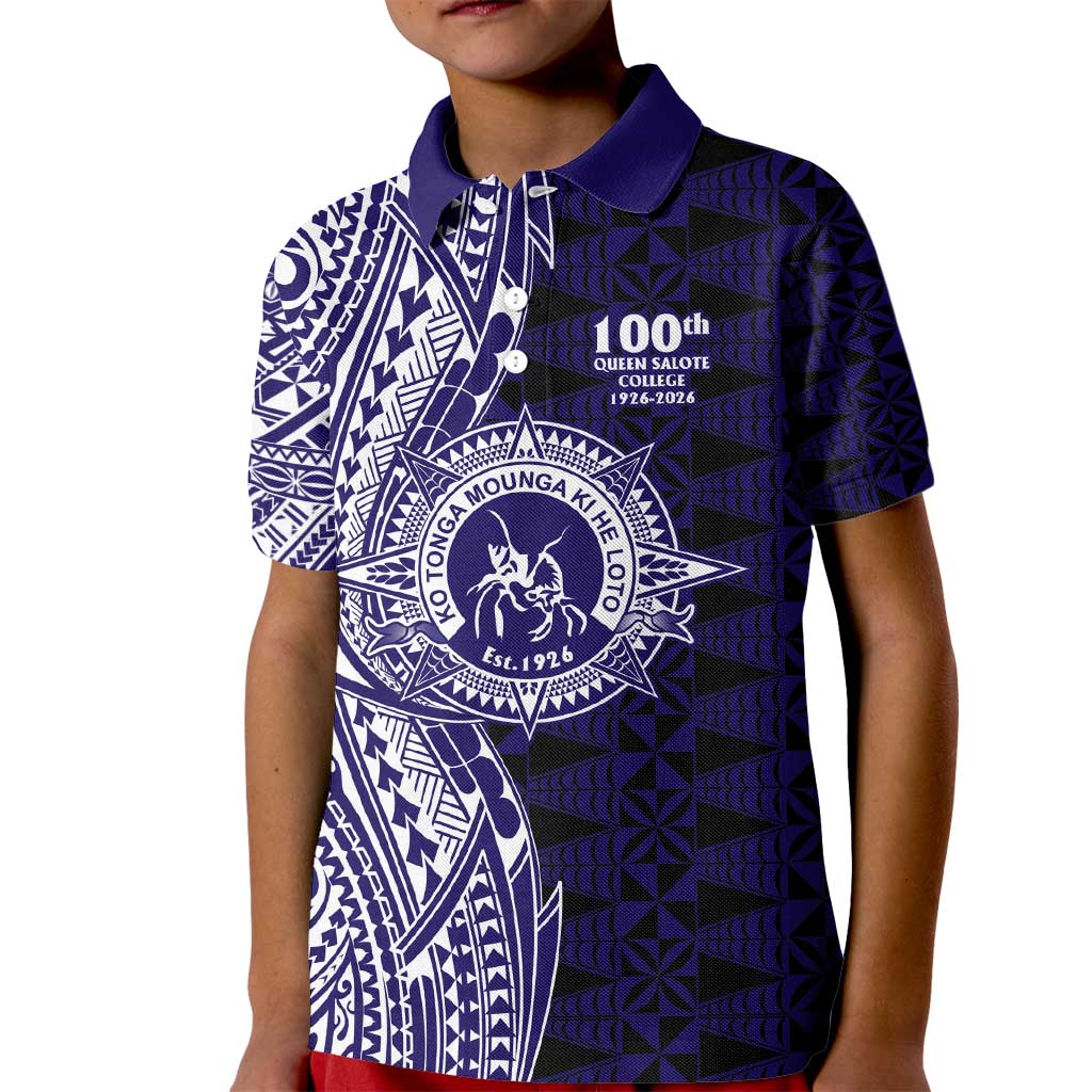 Tonga Queen Salote College 100th Years Kid Polo Shirt Blue Tonga Kupesi Uniquely Pacific Art - Polynesian Pride