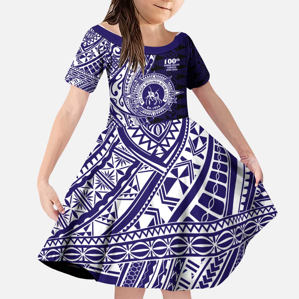 Tonga Queen Salote College 100th Years Kid Short Sleeve Dress Blue Tonga Kupesi Uniquely Pacific Art - Polynesian Pride
