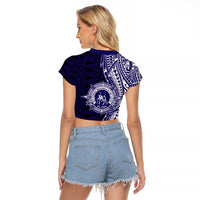 Tonga Queen Salote College 100th Years Raglan Cropped T Shirt Blue Tonga Kupesi Uniquely Pacific Art - Polynesian Pride