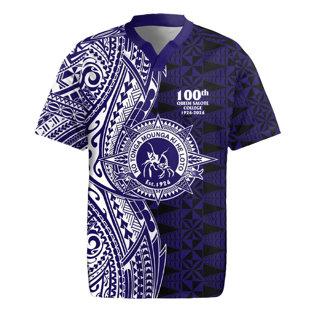 Tonga Queen Salote College 100th Years Rugby Jersey Blue Tonga Kupesi Uniquely Pacific Art LT9 Blue - Polynesian Pride