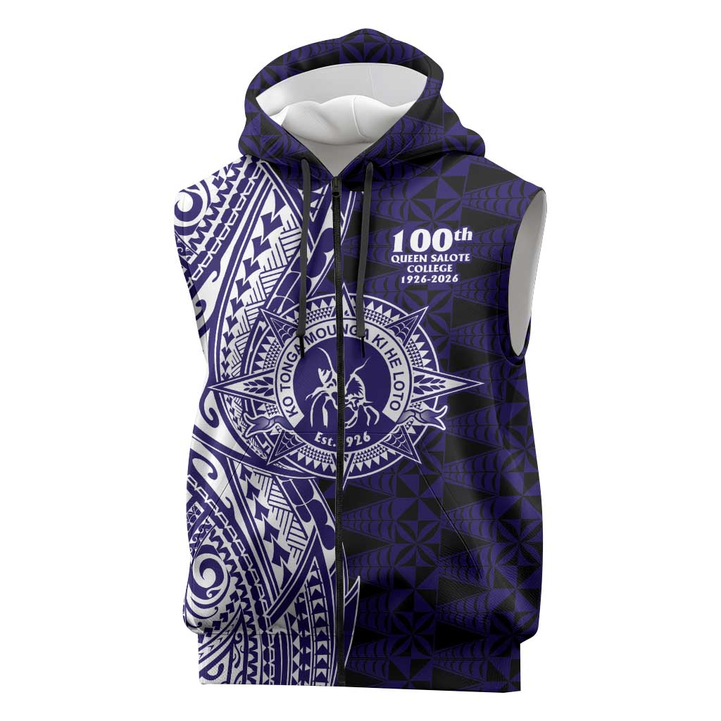 Tonga Queen Salote College 100th Years Sleeveless Zip Hoodie Blue Tonga Kupesi Uniquely Pacific Art - Polynesian Pride