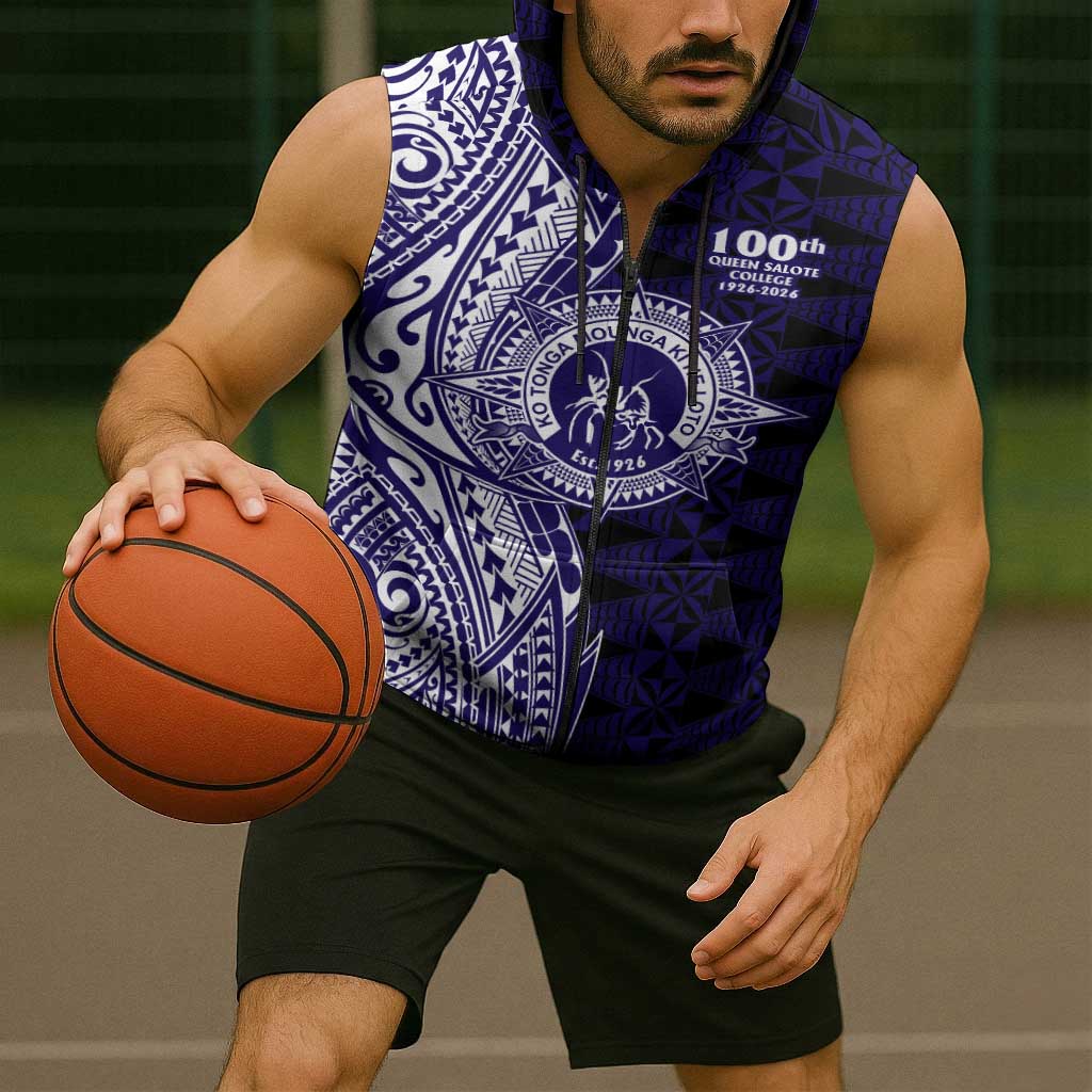 Tonga Queen Salote College 100th Years Sleeveless Zip Hoodie Blue Tonga Kupesi Uniquely Pacific Art - Polynesian Pride
