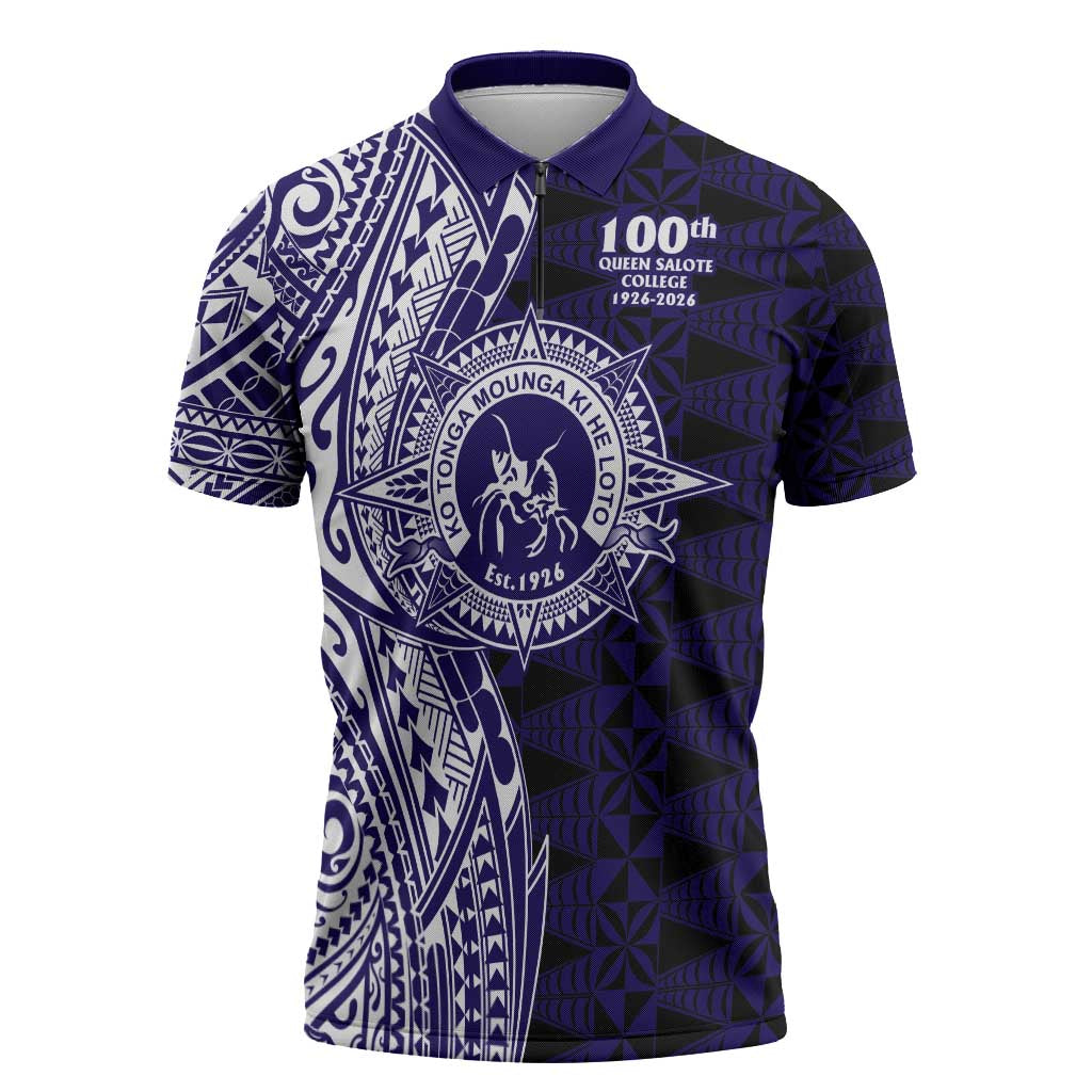 Tonga Queen Salote College 100th Years Zipper Polo Shirt Blue Tonga Kupesi Uniquely Pacific Art - Polynesian Pride