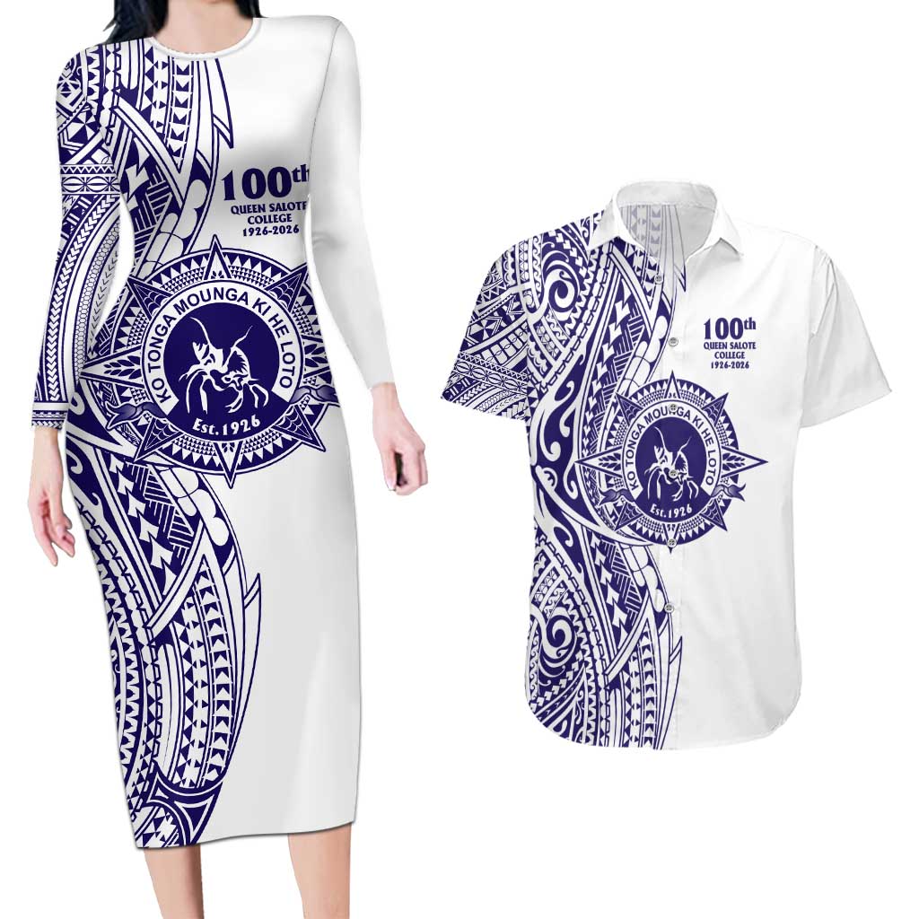 Tonga Queen Salote College 100th Years Couples Matching Long Sleeve Bodycon Dress and Hawaiian Shirt White Tonga Kupesi Uniquely Pacific Art - Polynesian Pride