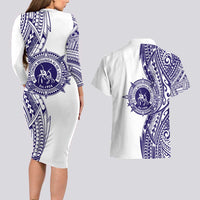 Tonga Queen Salote College 100th Years Couples Matching Long Sleeve Bodycon Dress and Hawaiian Shirt White Tonga Kupesi Uniquely Pacific Art LT9 - Polynesian Pride