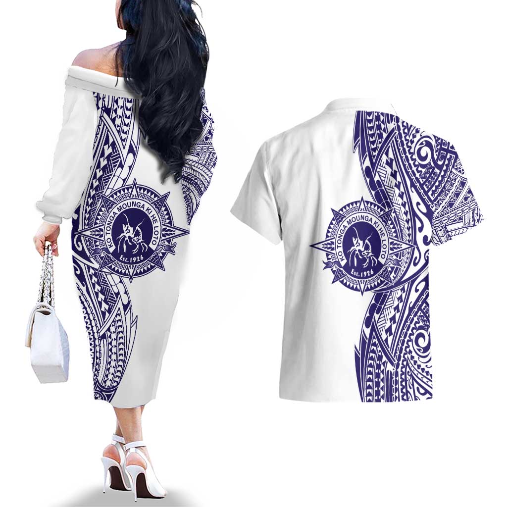 Tonga Queen Salote College 100th Years Couples Matching Off The Shoulder Long Sleeve Dress and Hawaiian Shirt White Tonga Kupesi Uniquely Pacific Art LT9 - Polynesian Pride