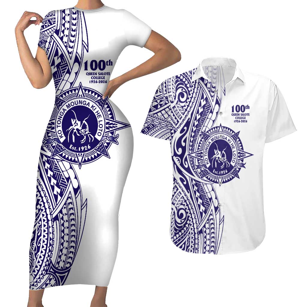 Tonga Queen Salote College 100th Years Couples Matching Short Sleeve Bodycon Dress and Hawaiian Shirt White Tonga Kupesi Uniquely Pacific Art LT9 White - Polynesian Pride