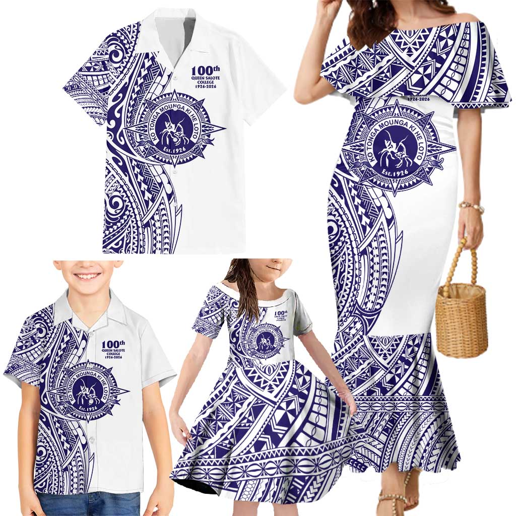 Tonga Queen Salote College 100th Years Family Matching Mermaid Dress and Hawaiian Shirt White Tonga Kupesi Uniquely Pacific Art - Polynesian Pride