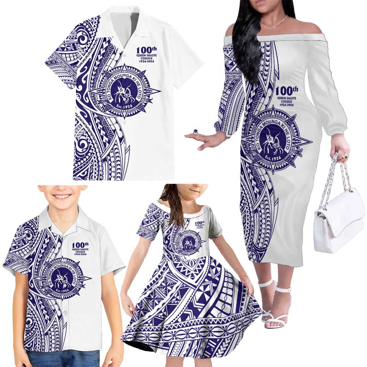 Tonga Queen Salote College 100th Years Family Matching Off The Shoulder Long Sleeve Dress and Hawaiian Shirt White Tonga Kupesi Uniquely Pacific Art LT9 - Polynesian Pride