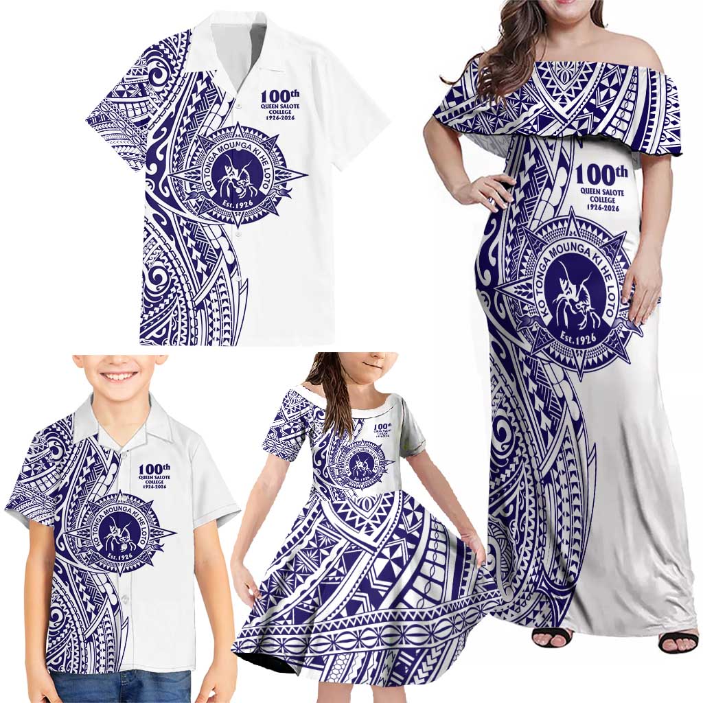 Tonga Queen Salote College 100th Years Family Matching Off Shoulder Maxi Dress and Hawaiian Shirt White Tonga Kupesi Uniquely Pacific Art LT9 - Polynesian Pride