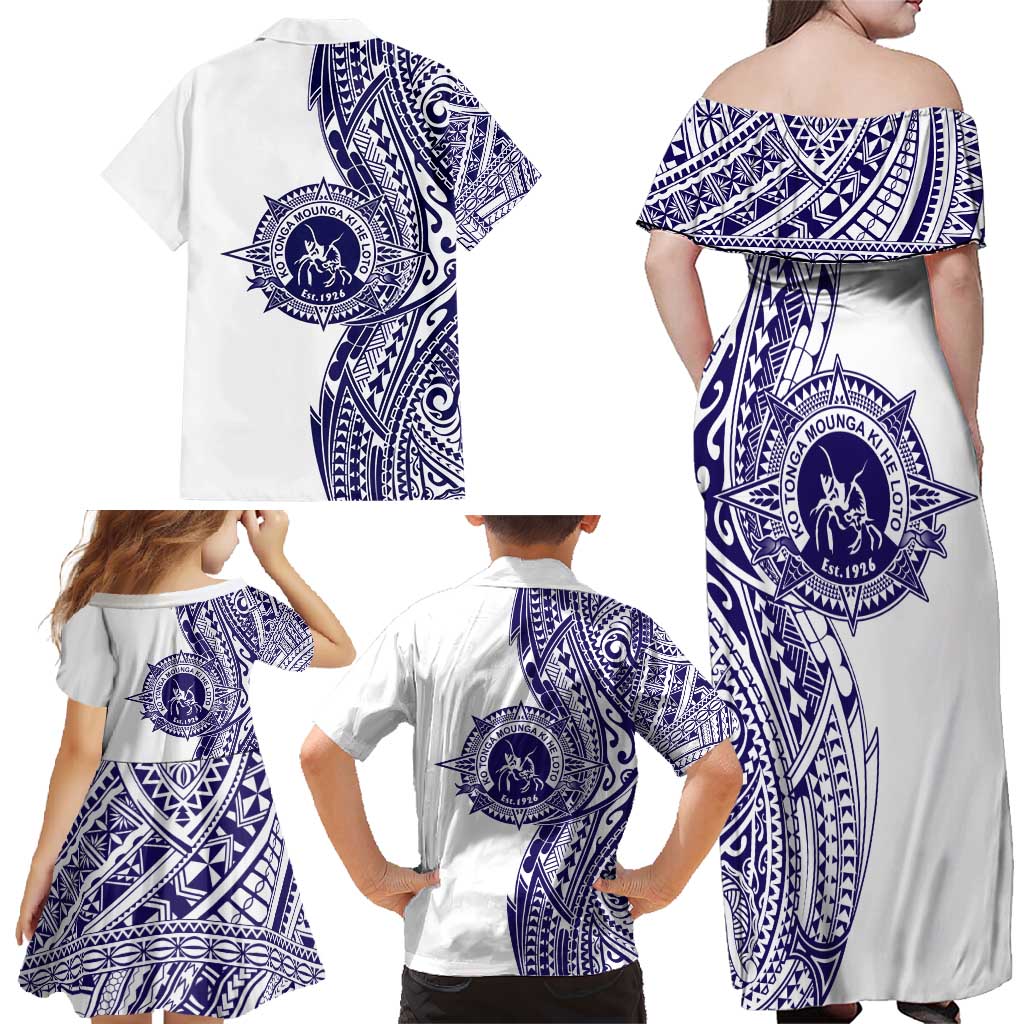 Tonga Queen Salote College 100th Years Family Matching Off Shoulder Maxi Dress and Hawaiian Shirt White Tonga Kupesi Uniquely Pacific Art LT9 - Polynesian Pride