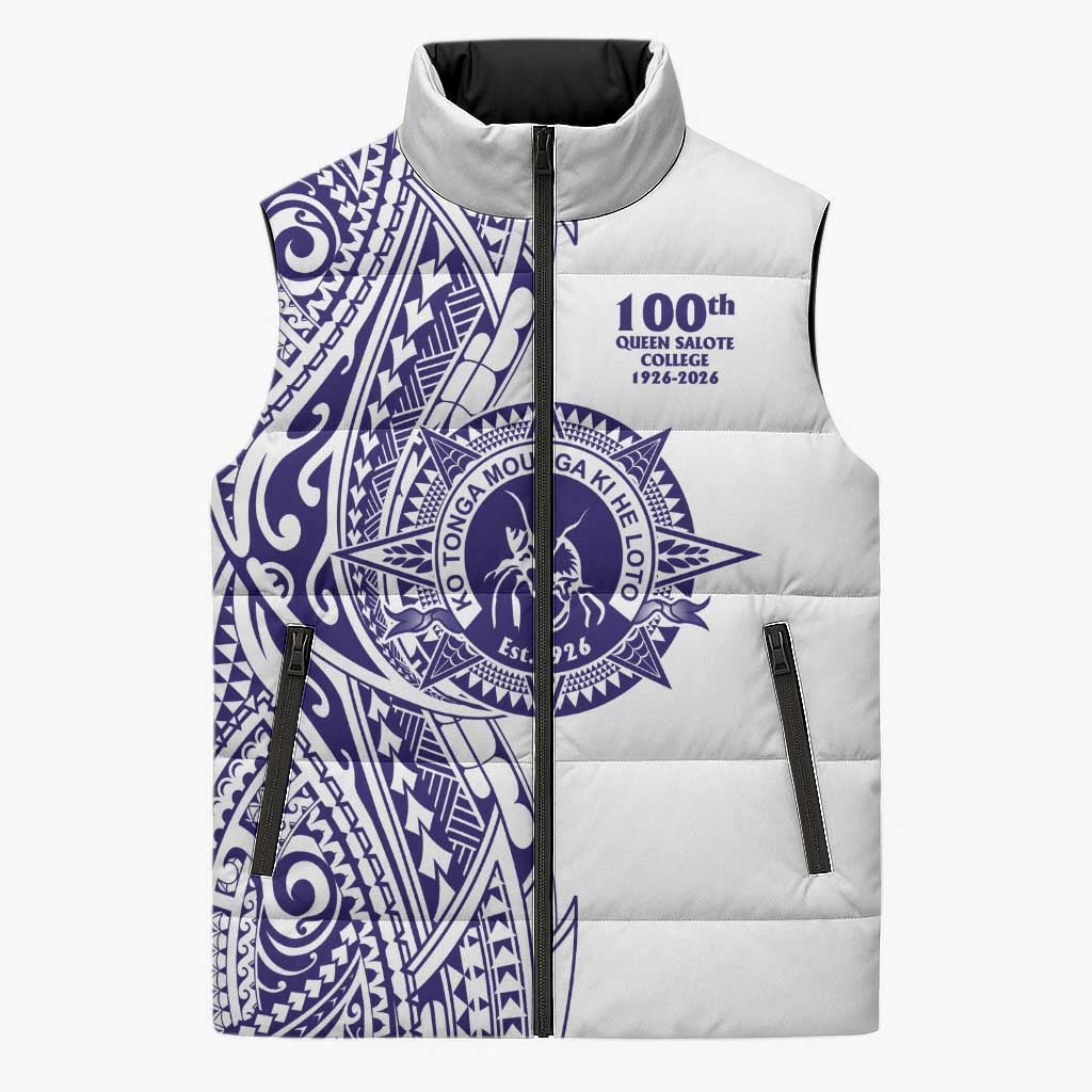 Tonga Queen Salote College 100th Years Sleeveless Puffer Jacket White Tonga Kupesi Uniquely Pacific Art - Polynesian Pride
