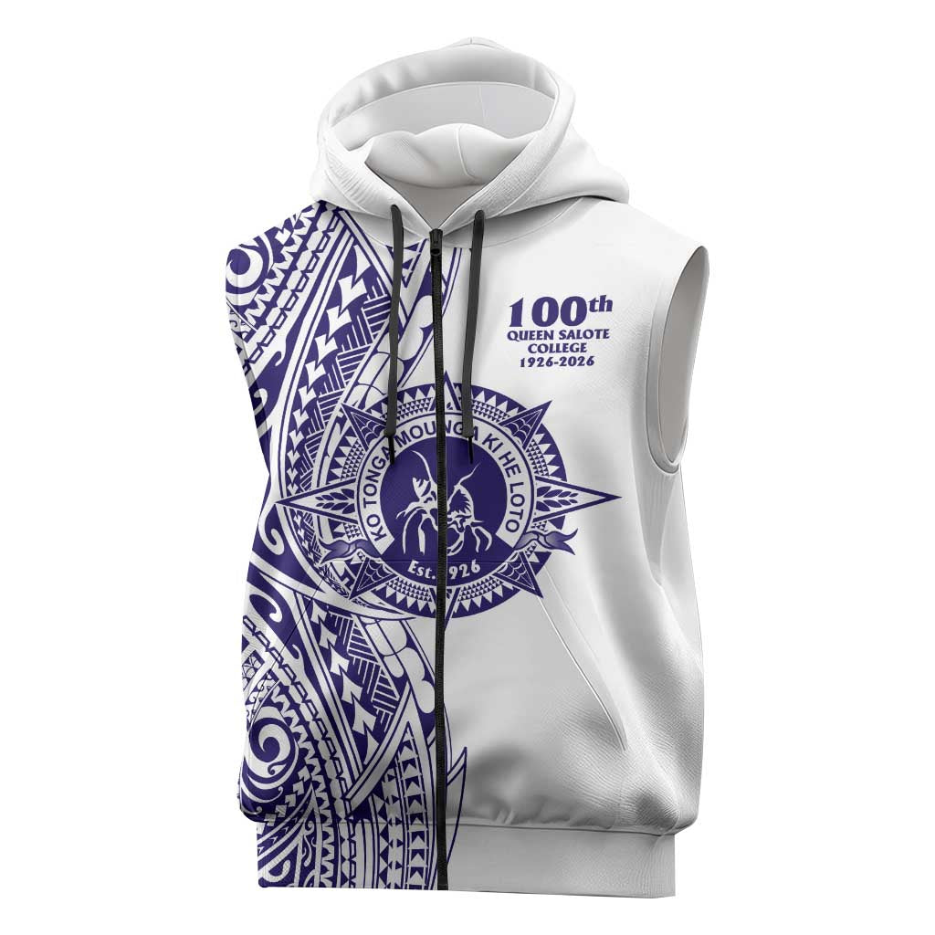 Tonga Queen Salote College 100th Years Sleeveless Zip Hoodie White Tonga Kupesi Uniquely Pacific Art - Polynesian Pride