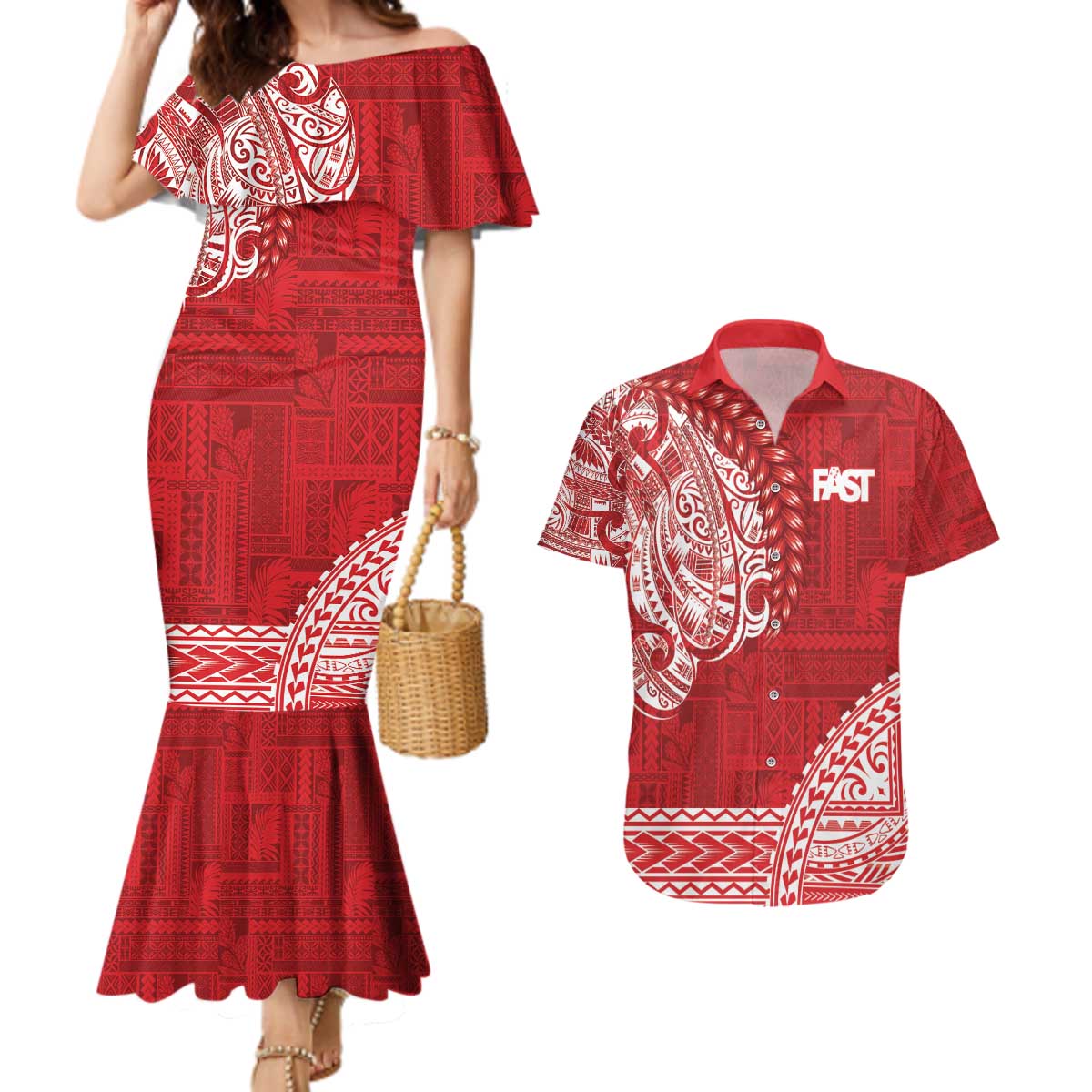 Samoa FAST Couples Matching Mermaid Dress and Hawaiian Shirt Samoan Motif Patterns - Polynesian Pride