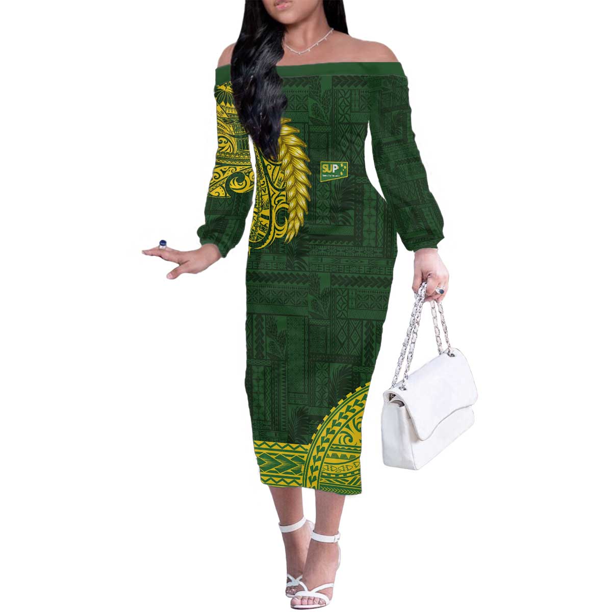 Samoa SUP Family Matching Off The Shoulder Long Sleeve Dress and Hawaiian Shirt Samoan Motif Patterns - Polynesian Pride