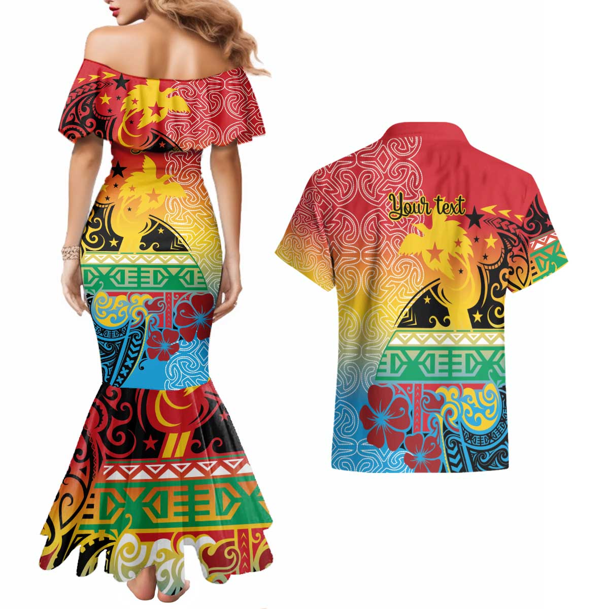 Personalised Torba PNG Day Couples Matching Mermaid Dress and Hawaiian Shirt Oro Tapa Pattern - Polynesian Pride