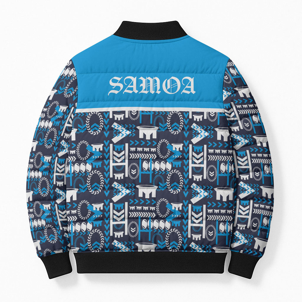 Samoan Warrior Island Heritage Bomber Puffer Jacket Ocean Island Geometry Blue Style LT9 - Polynesian Pride