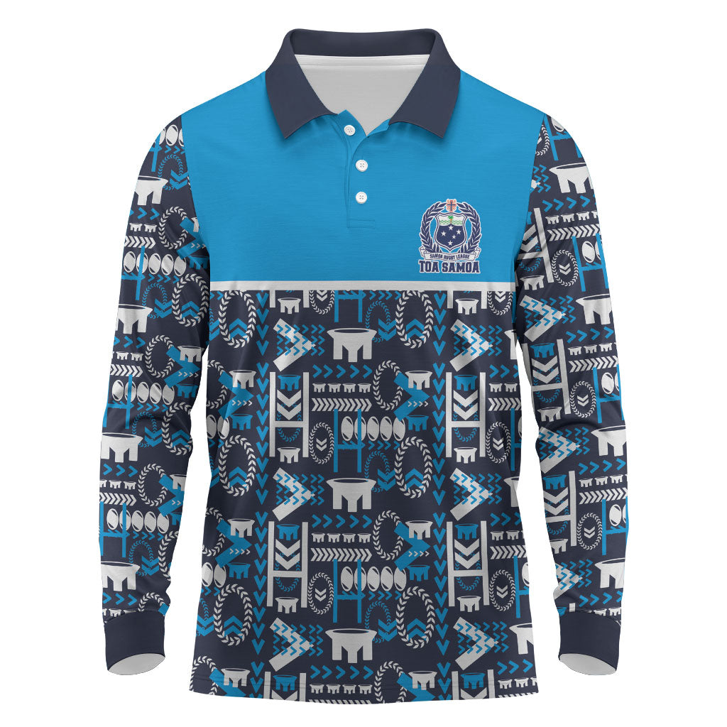 Samoan Warrior Island Heritage Long Sleeve Polo Shirt Ocean Island Geometry Blue Style LT9 Blue - Polynesian Pride