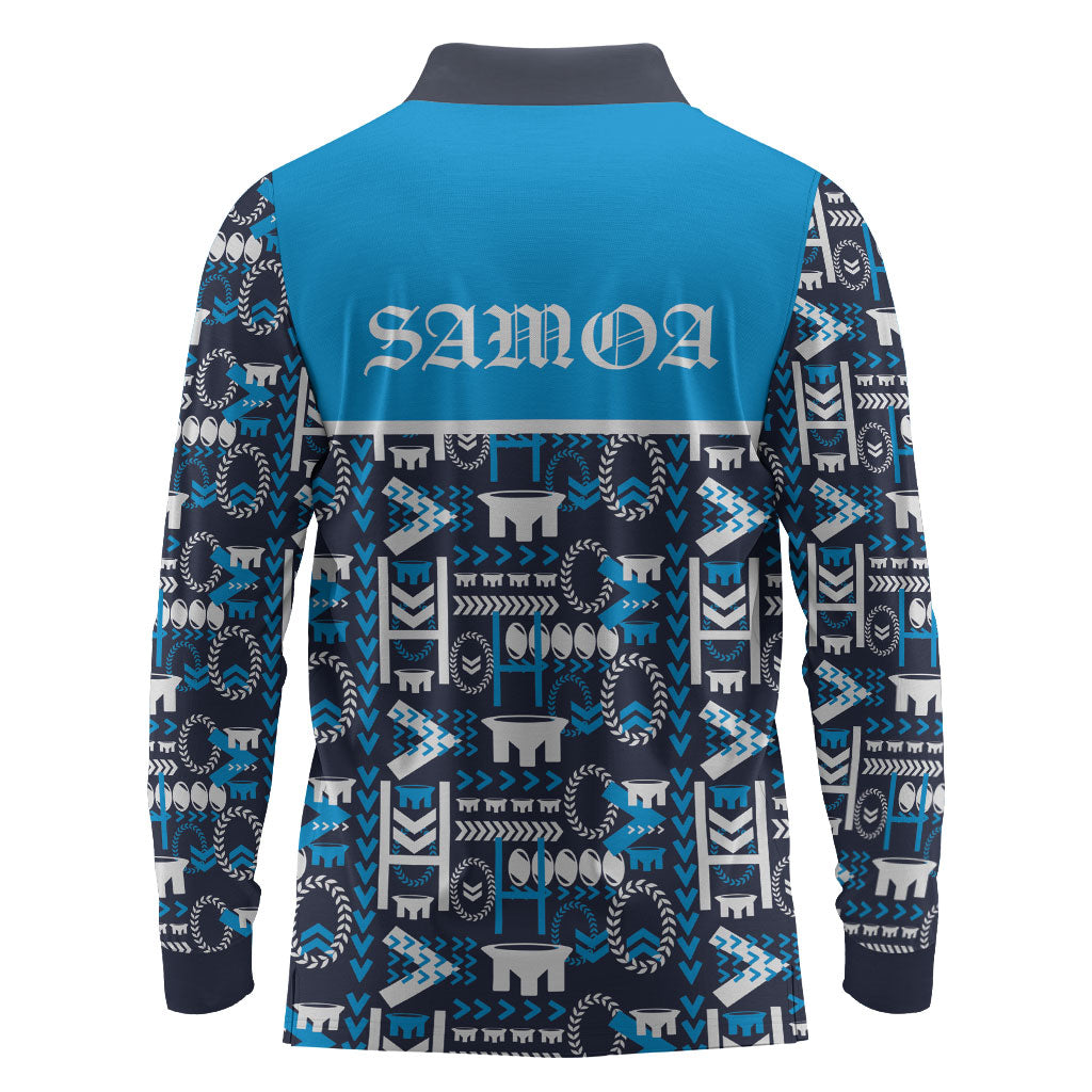 Samoan Warrior Island Heritage Long Sleeve Polo Shirt Ocean Island Geometry Blue Style LT9 - Polynesian Pride