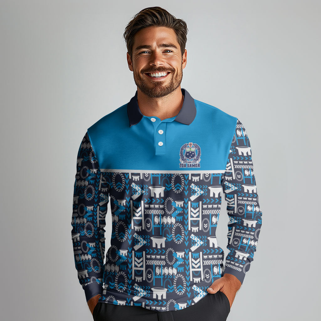 Samoan Warrior Island Heritage Long Sleeve Polo Shirt Ocean Island Geometry Blue Style LT9 - Polynesian Pride