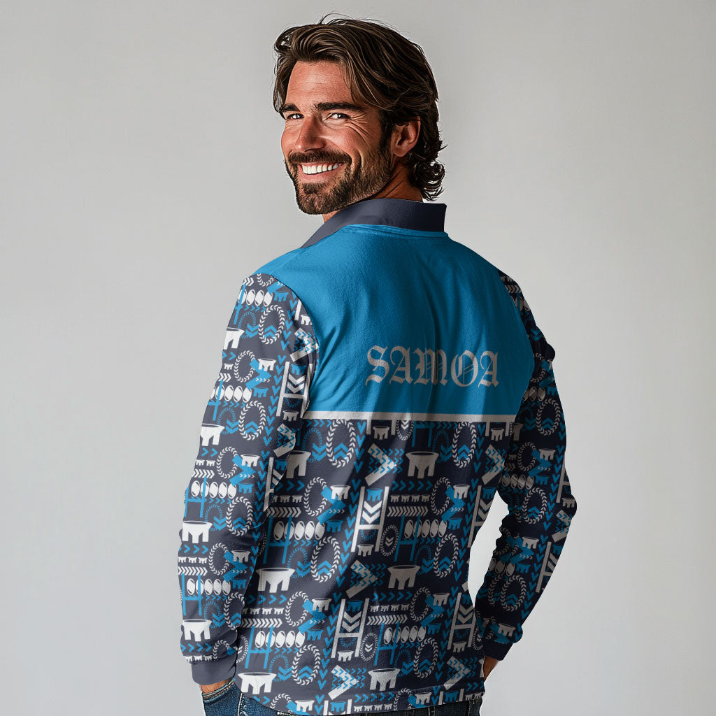 Samoan Warrior Island Heritage Long Sleeve Polo Shirt Ocean Island Geometry Blue Style LT9 - Polynesian Pride
