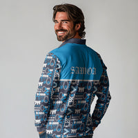 Samoan Warrior Island Heritage Long Sleeve Polo Shirt Ocean Island Geometry Blue Style LT9 - Polynesian Pride