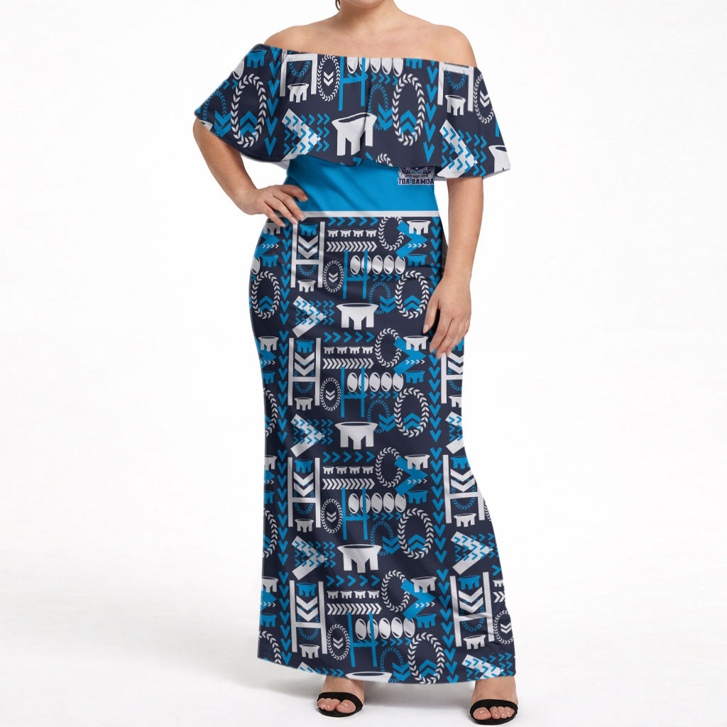 Samoan Warrior Island Heritage Off Shoulder Maxi Dress Ocean Island Geometry Blue Style LT9 Women Blue - Polynesian Pride