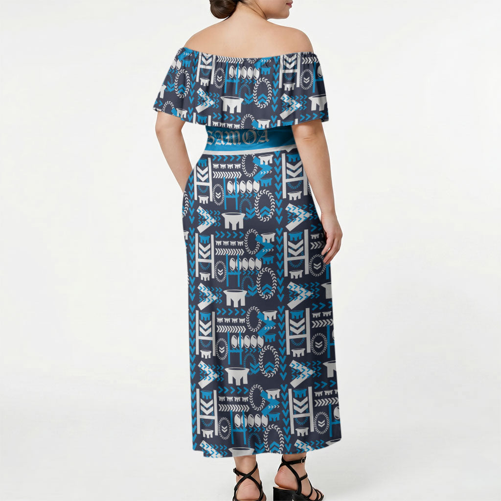 Samoan Warrior Island Heritage Off Shoulder Maxi Dress Ocean Island Geometry Blue Style LT9 - Polynesian Pride
