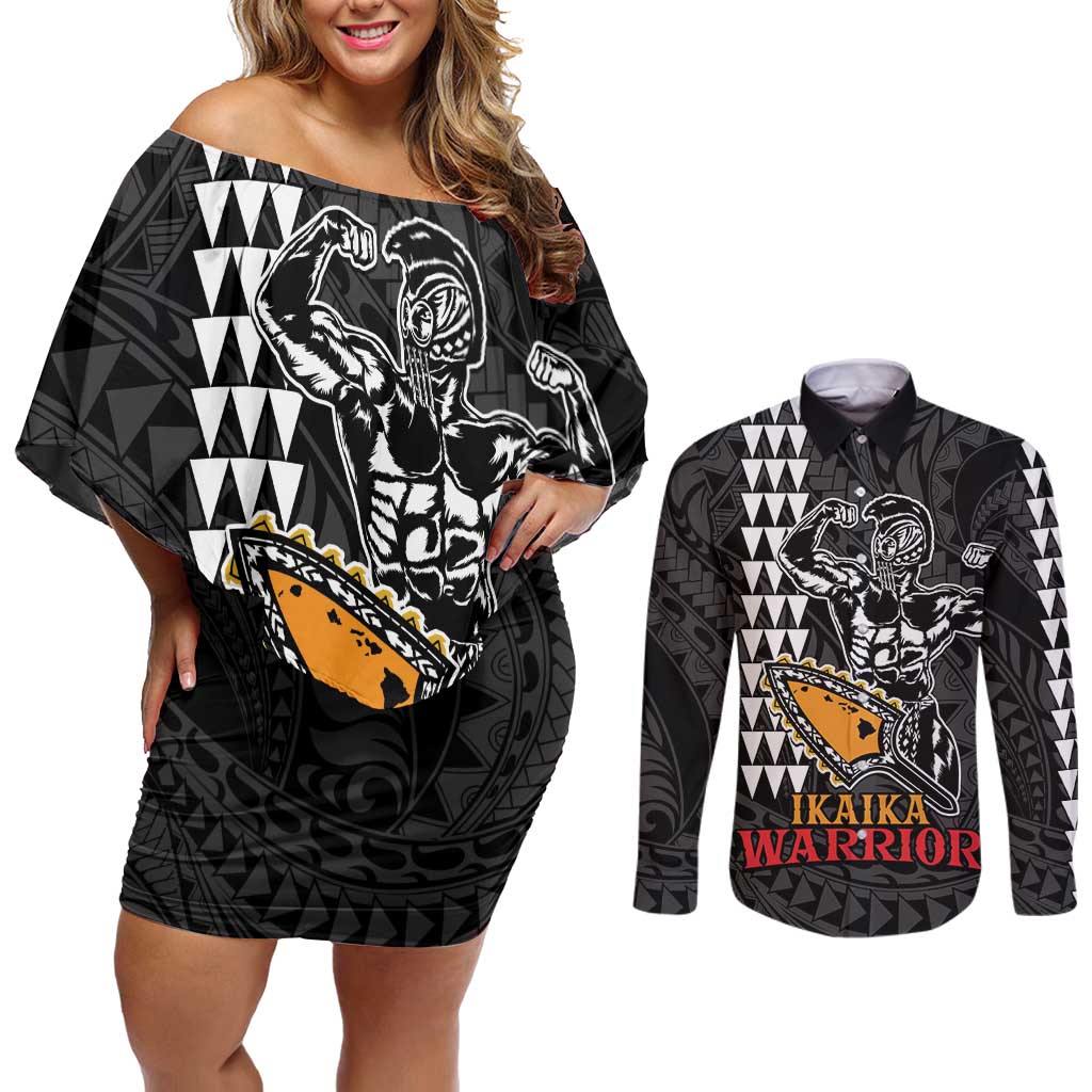 Aloha Spirit Ikaika Warrior Helmet Couples Matching Off Shoulder Short Dress and Long Sleeve Button Shirt