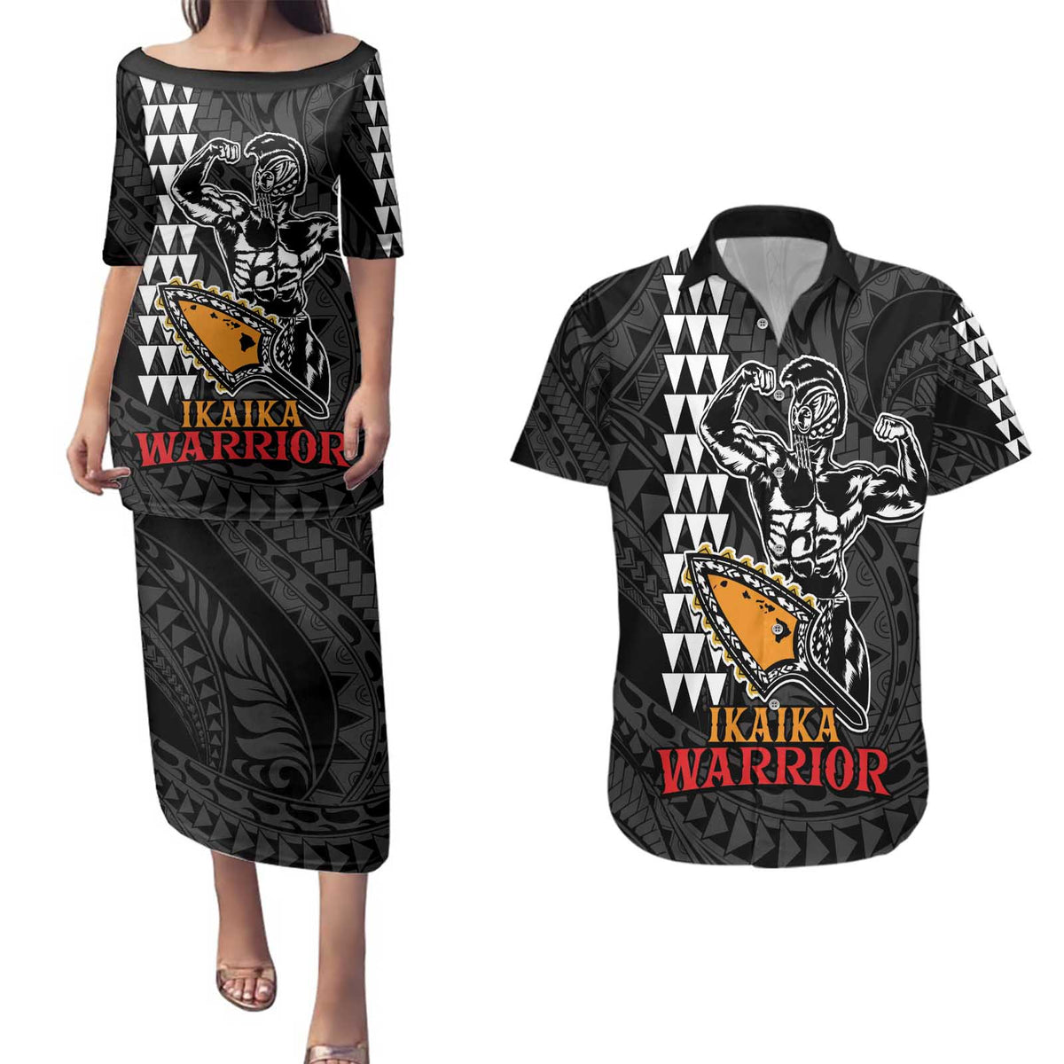 Aloha Spirit Ikaika Warrior Helmet Couples Matching Puletasi and Hawaiian Shirt