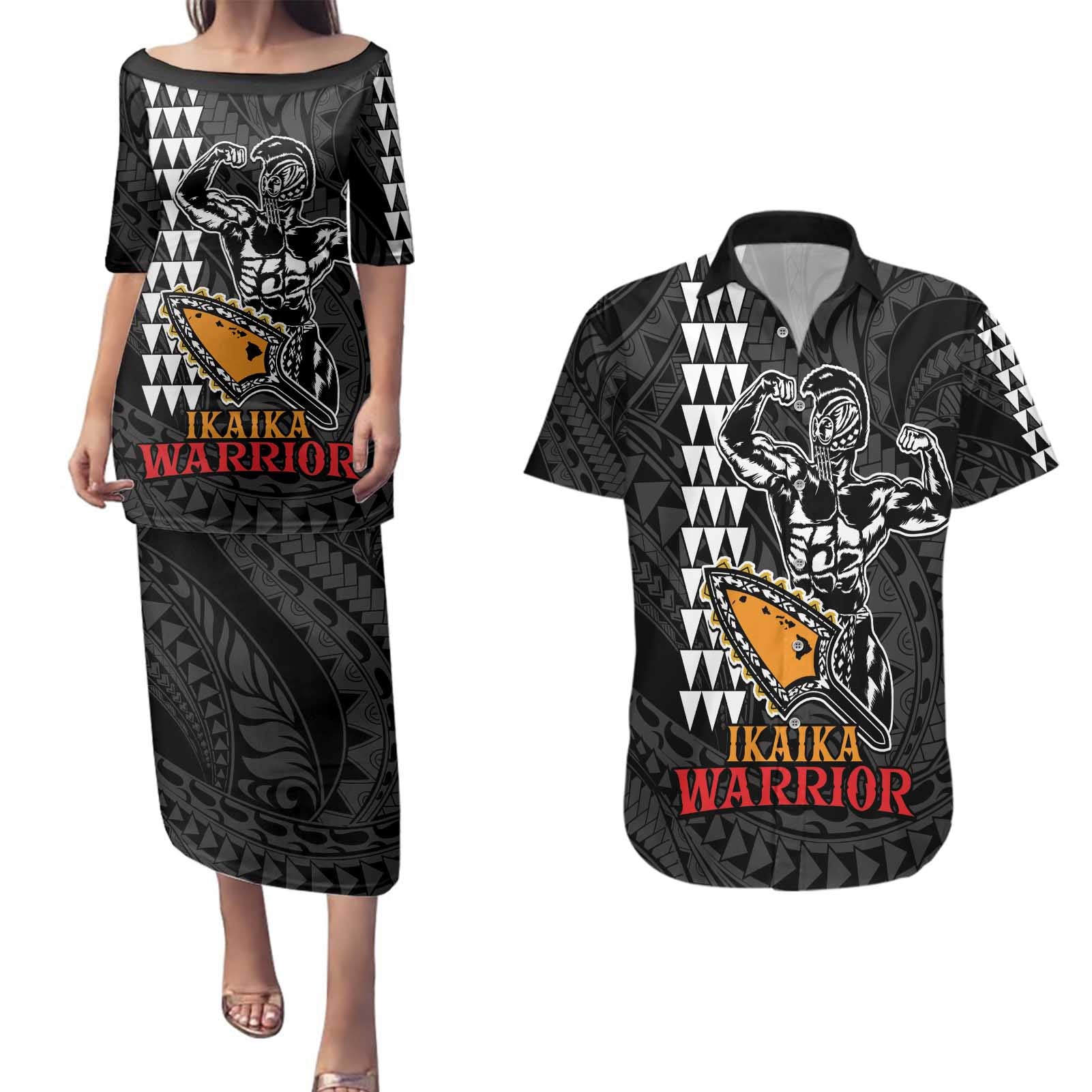 Aloha Spirit Ikaika Warrior Helmet Couples Matching Puletasi and Hawaiian Shirt
