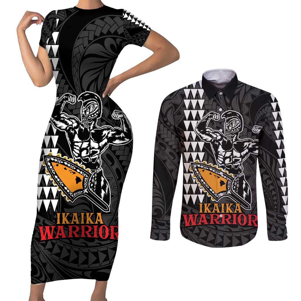 Aloha Spirit Ikaika Warrior Helmet Couples Matching Short Sleeve Bodycon Dress and Long Sleeve Button Shirt