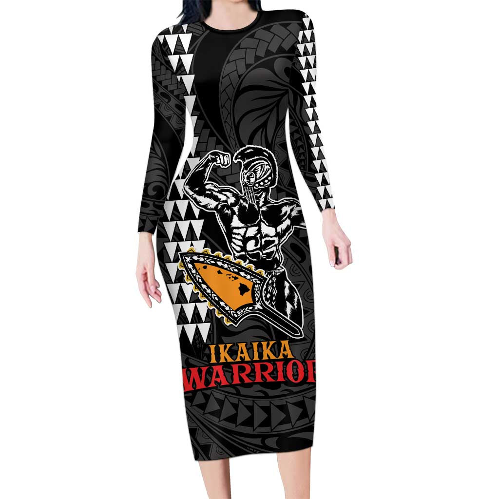 Aloha Spirit Ikaika Warrior Helmet Family Matching Long Sleeve Bodycon Dress and Hawaiian Shirt LT9 Mom's Dress Black - Polynesian Pride